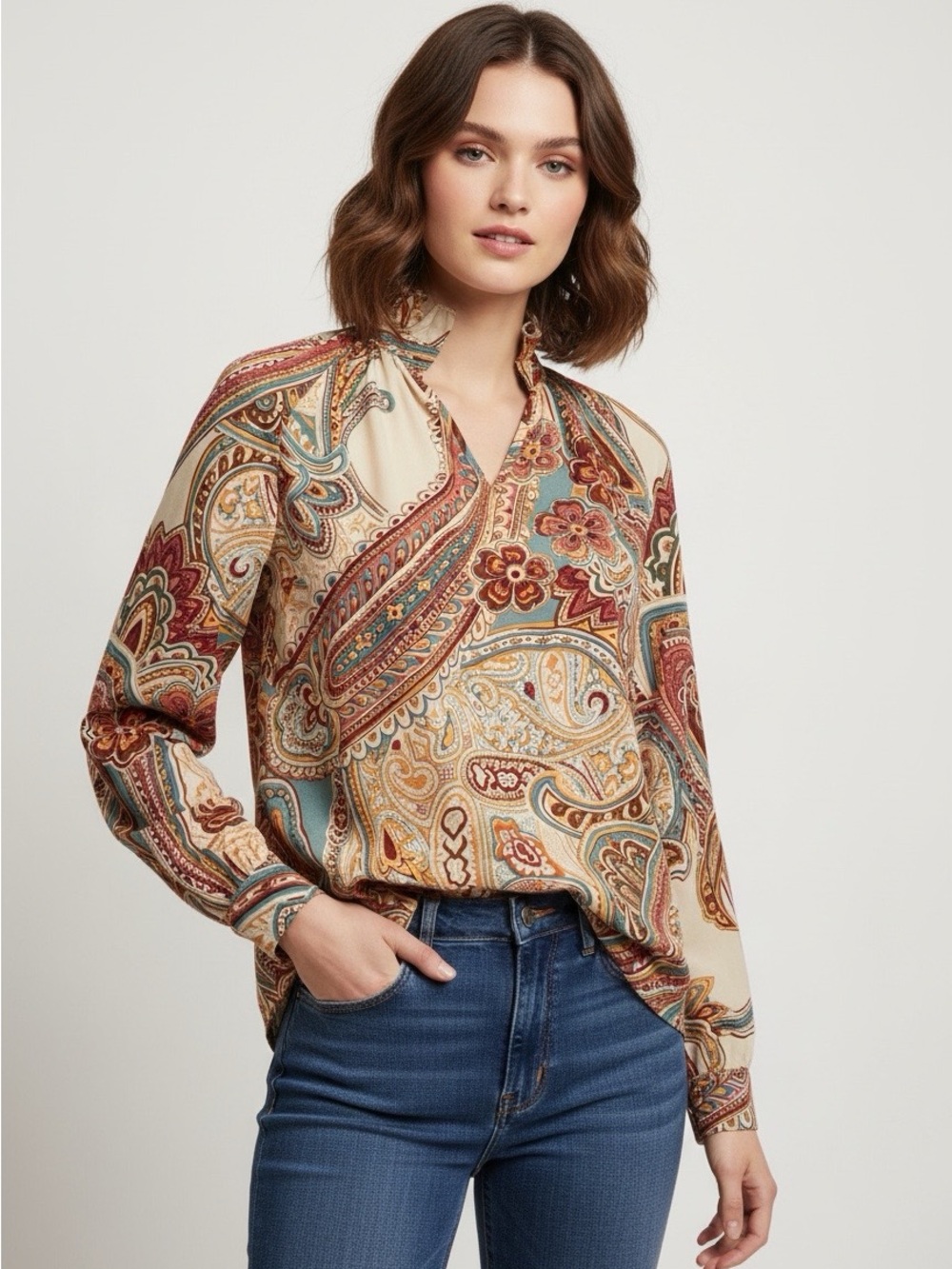 SHEIN Women’s Small Paisley Floral Print Ruffle Neck Long Sleeve Blouse Boho